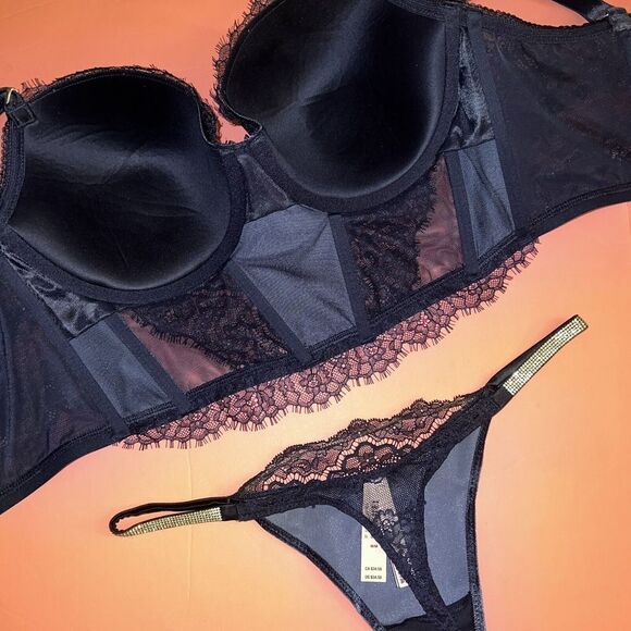 Victoria's Secret LONGLINE 34D,36D BRA SET CORSET+ROBE VELVET Velour NAVY BLUE - Picture 8 of 11